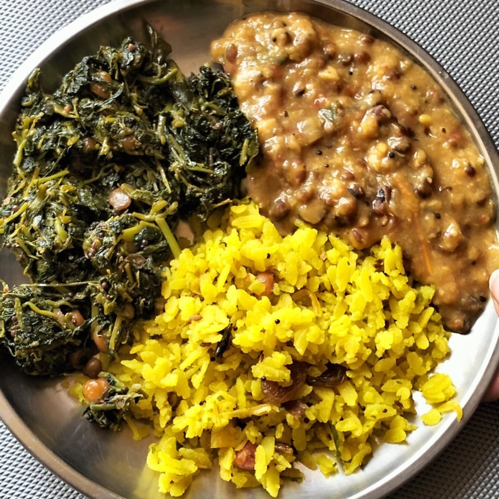 Sambar, rice and chutney